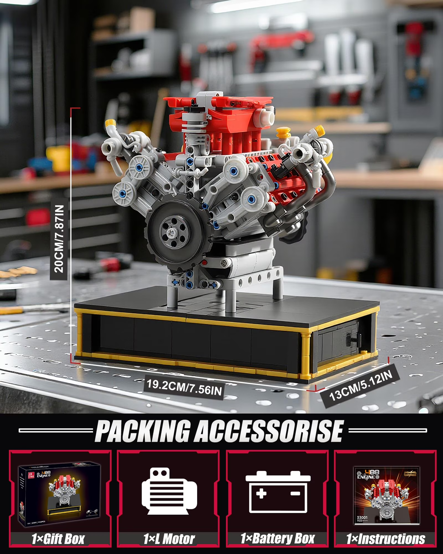 Joycrown Mini V8 Engine Kits That Runs, Build Your Own V8 Engine Building Set with Motor and Battery, STEM Physical Science Educational Toy Construction Blocks for Adults Kids Age 14+ (1123PCS)