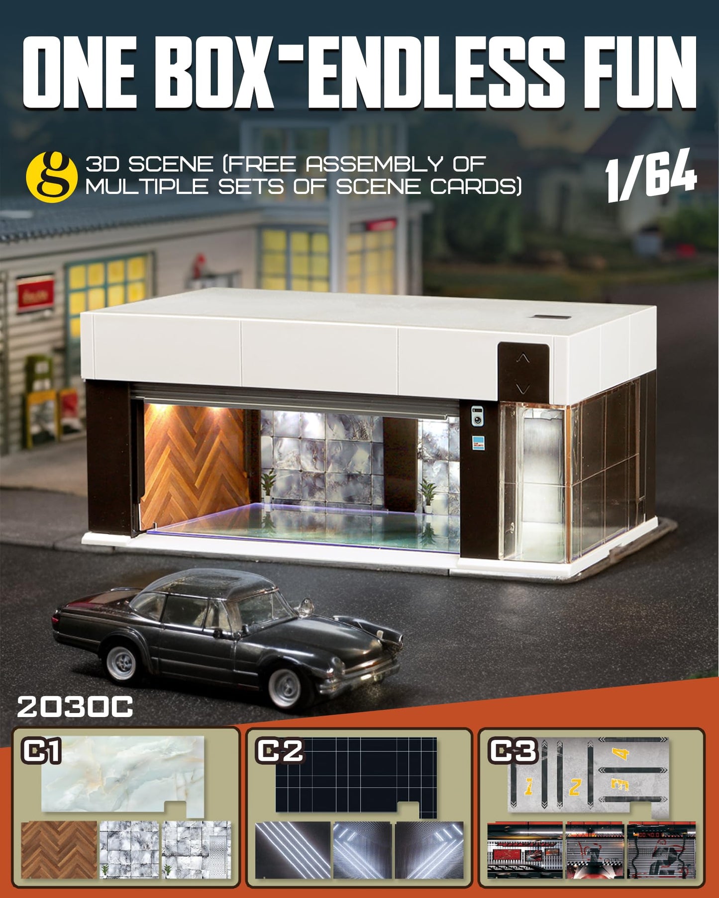 Joycrown 1/64 Scale Diecast Display Case for Hot Wheel Storage with LED Lights, Stackable Electric Garage with Voice Control, 3 Replaceable 3D Scenes Parking Lot Diorama for Model Cars