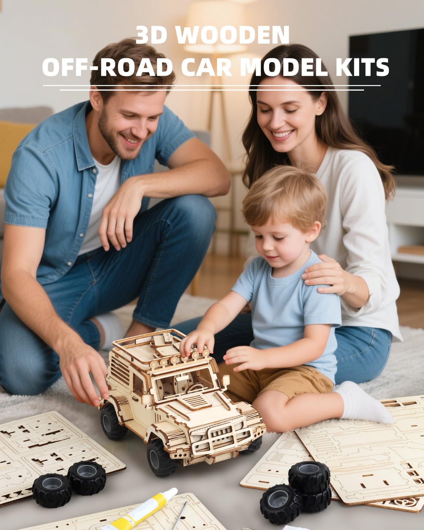 3D Wooden Puzzle Off-Road Car for Adults, Brain Teaser 3D Puzzles for Kids and Adults to Build, 125pcs Wood Craft Pull Back Truck Cars, Christmas Birthday Gift for Teens Men Women