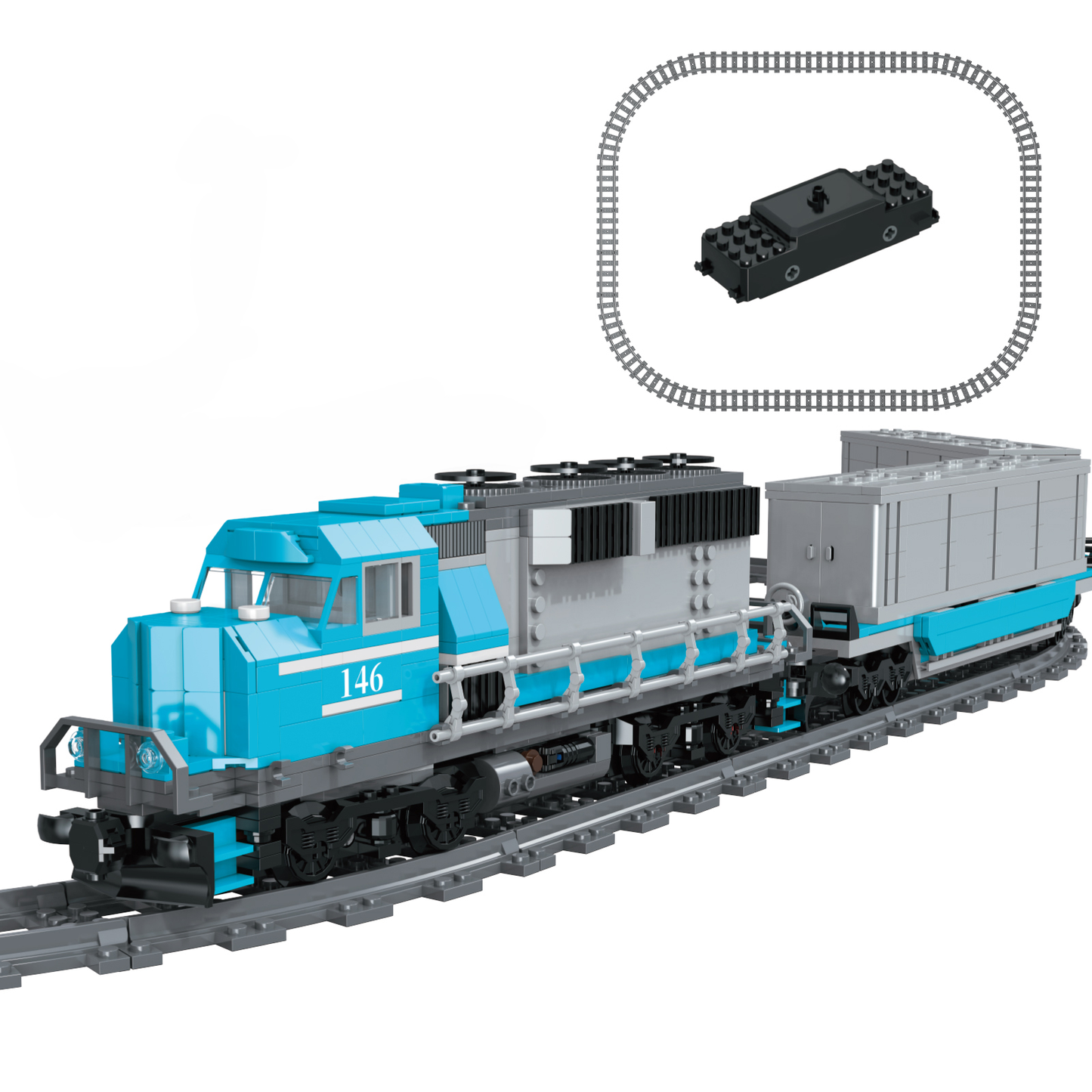 Train Building Block Set, Freight Cargo Train, with Rechargeable Motorized Working Head, 2 Coaches and 32 Tracks, Gift for Boys&Girls Teens Age8+,  No Box (1065 Pieces)