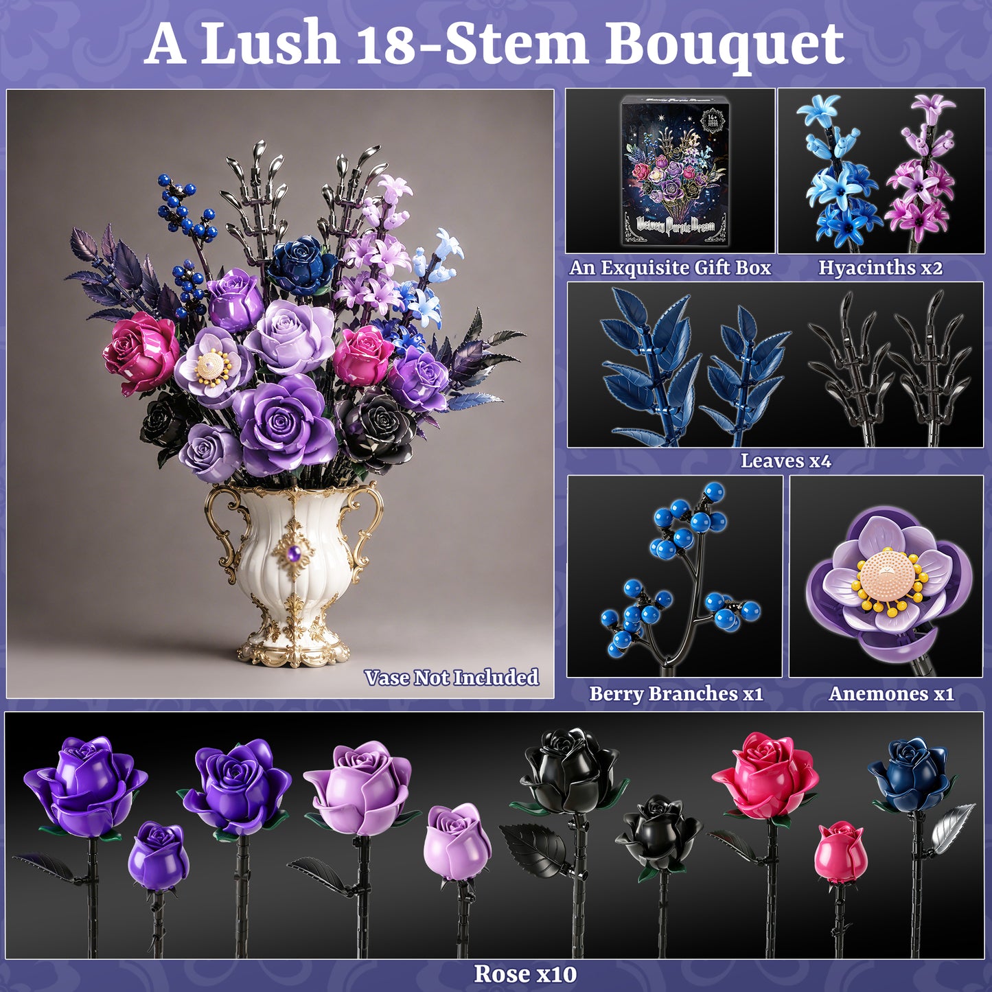 Joycrown Bouquet Building Set, 18 Purple Roses Botanical Building Blocks for Adult Women Girls,Gothic Artificial Flowers Home Office Decor,Gift for Valentines Mother's Day, Purple(815pcs+)