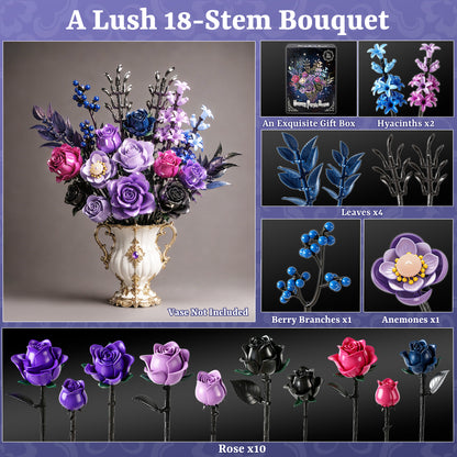 Joycrown Bouquet Building Set, 18 Purple Roses Botanical Building Blocks for Adult Women Girls,Gothic Artificial Flowers Home Office Decor,Gift for Valentines Mother's Day, Purple(815pcs+)