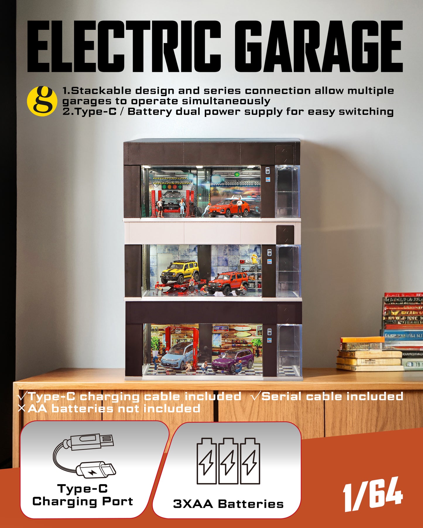 Joycrown 1/64 Scale Diecast Display Case for Hot Wheel Storage with LED Lights, Stackable Electric Garage with Voice Control, 3 Replaceable 3D Scenes Parking Lot Diorama for Model Cars