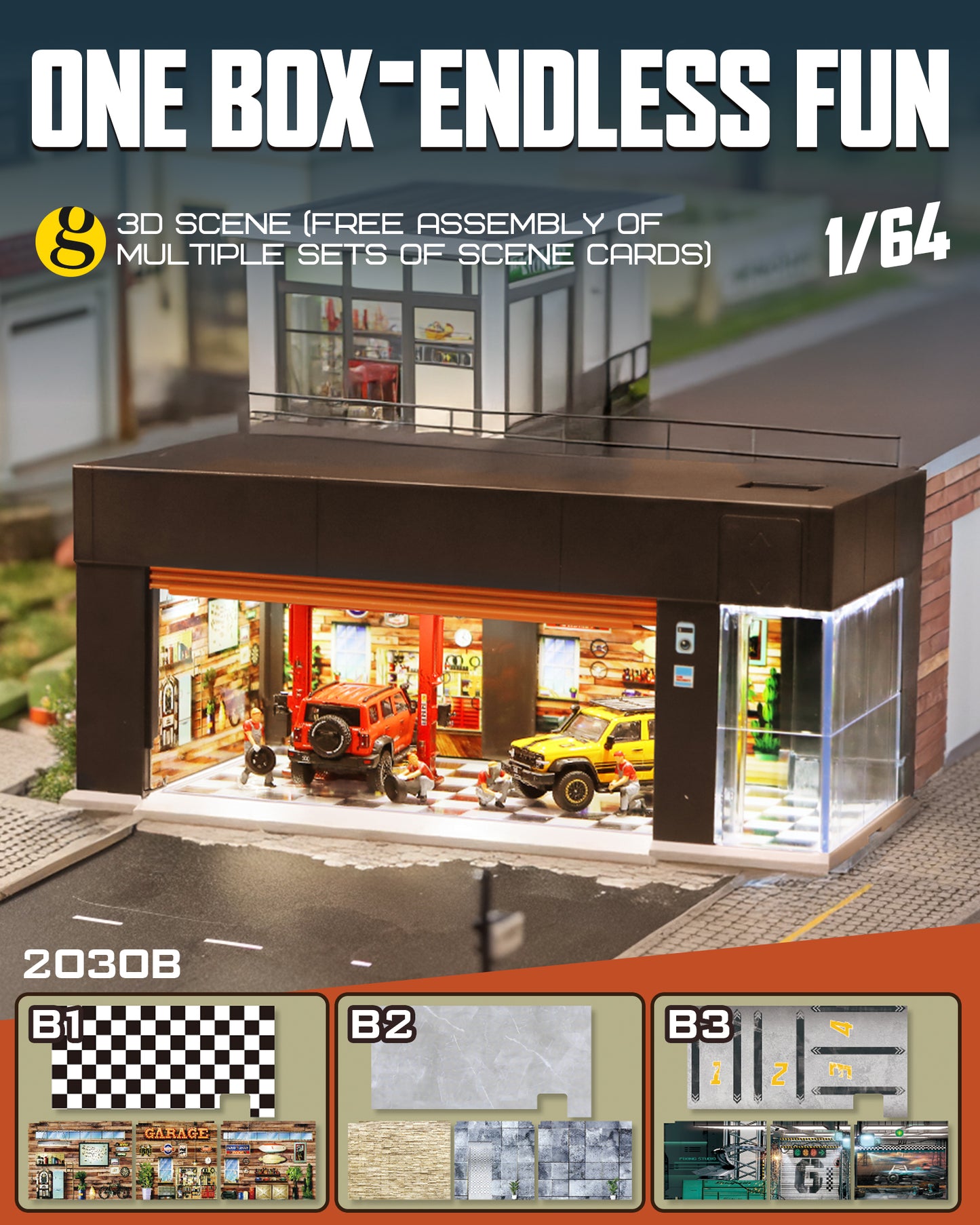 Joycrown 1/64 Scale Diecast Display Case for Hot Wheel Storage with LED Lights, Stackable Electric Garage with Voice Control, 3 Replaceable 3D Scenes Parking Lot Diorama for Model Cars