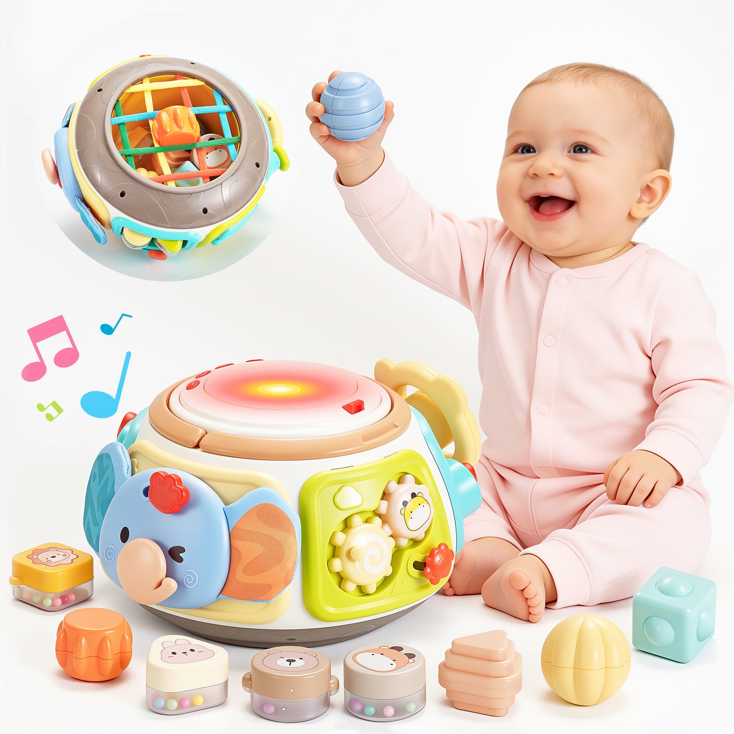 Joycrown 7-in-1 Baby Activity Cube Drum with Music & Light , Montessori Learning Toys with 9 Sensory Shape Sorter,Christmas Birthday Shower Gifts for Toddler Kids Boys Girls Age 18 Months+