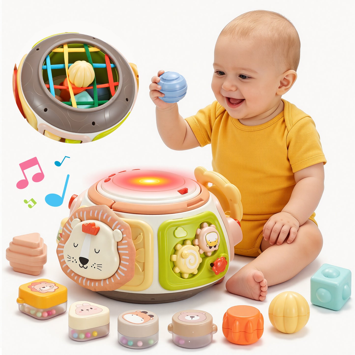 Joycrown 7-in-1 Baby Activity Cube Drum with Music & Light , Montessori Learning Toys with 9 Sensory Shape Sorter,Christmas Birthday Shower Gifts for Toddler Kids Boys Girls Age 18 Months+