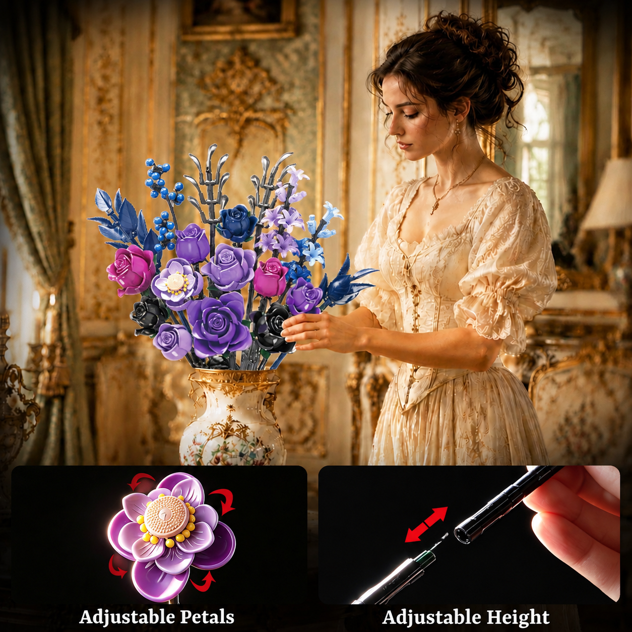 Joycrown Bouquet Building Set, 18 Purple Roses Botanical Building Blocks for Adult Women Girls,Gothic Artificial Flowers Home Office Decor,Gift for Valentines Mother's Day, Purple(815pcs+)