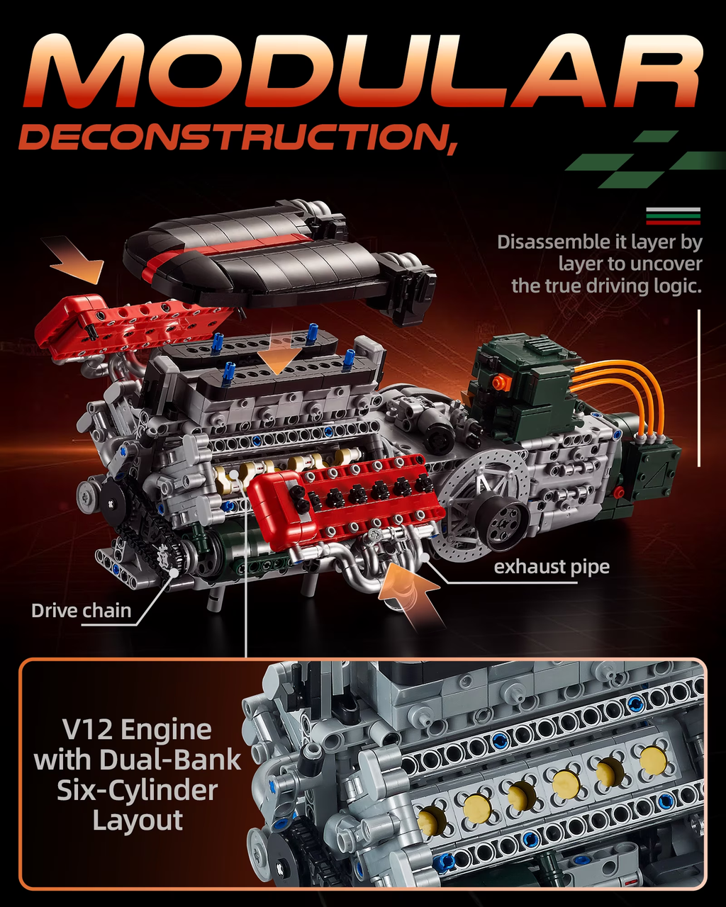 V12 Engine Kits That Runs, Build Your Own V12 Engine Building Set with Motor and Battery, STEM Physical Science Educational Toy for Adults Kids Age 14+,No Box (2322PCS)