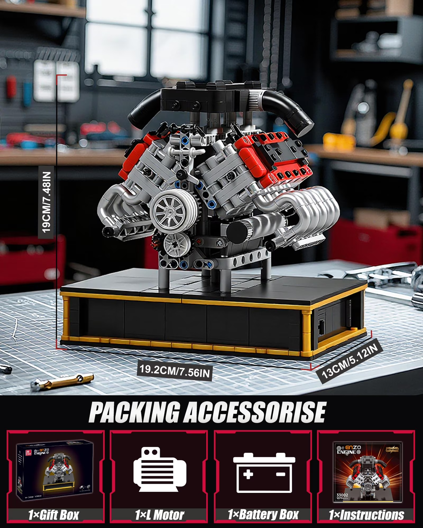 Joycrown V8 Engine Building Set, Build Your Own Mini V8 Model Engine Kit That Run with Battery and Motor, 8-Cylinder Car Model Engine Toys Construction Blocks for Adults Kids Age 14+ (1079PCS)