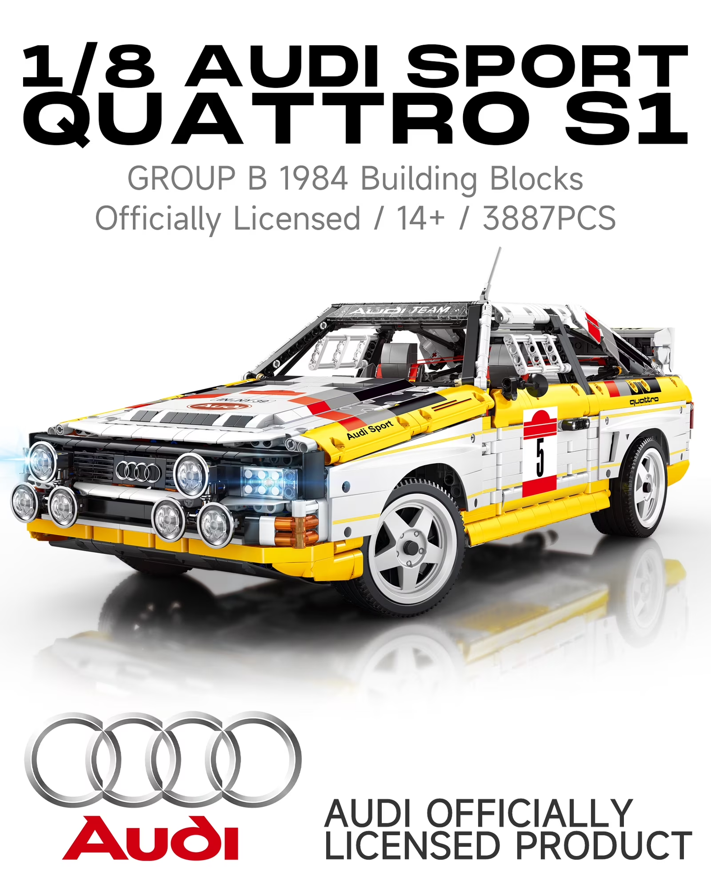 Joycrown Audi Sport Quattro S1 Model Car Building Kit, 1:8 Scale Audi Officially Licensed, Adult Collectible Decoration, the Perfect Gift for Racing Fans Age 14+, Yellow (3887+pcs)