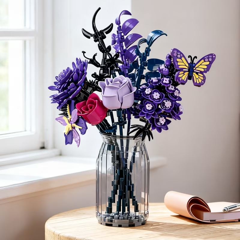 Joycrown Bouquet Building Set,Purple Rose Gerbera Blcok Set for Adults, Creative for Women Girlfriend Mom Wife, Artificial Floral Botanicals Collection Gothic Decor for Home Office(510 PCS)