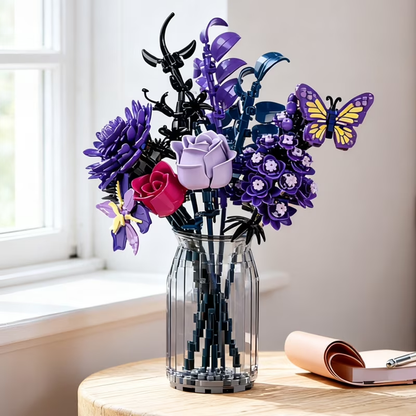 Joycrown Bouquet Building Set,Purple Rose Gerbera Blcok Set for Adults, Creative for Women Girlfriend Mom Wife, Artificial Floral Botanicals Collection Gothic Decor for Home Office(510 PCS)