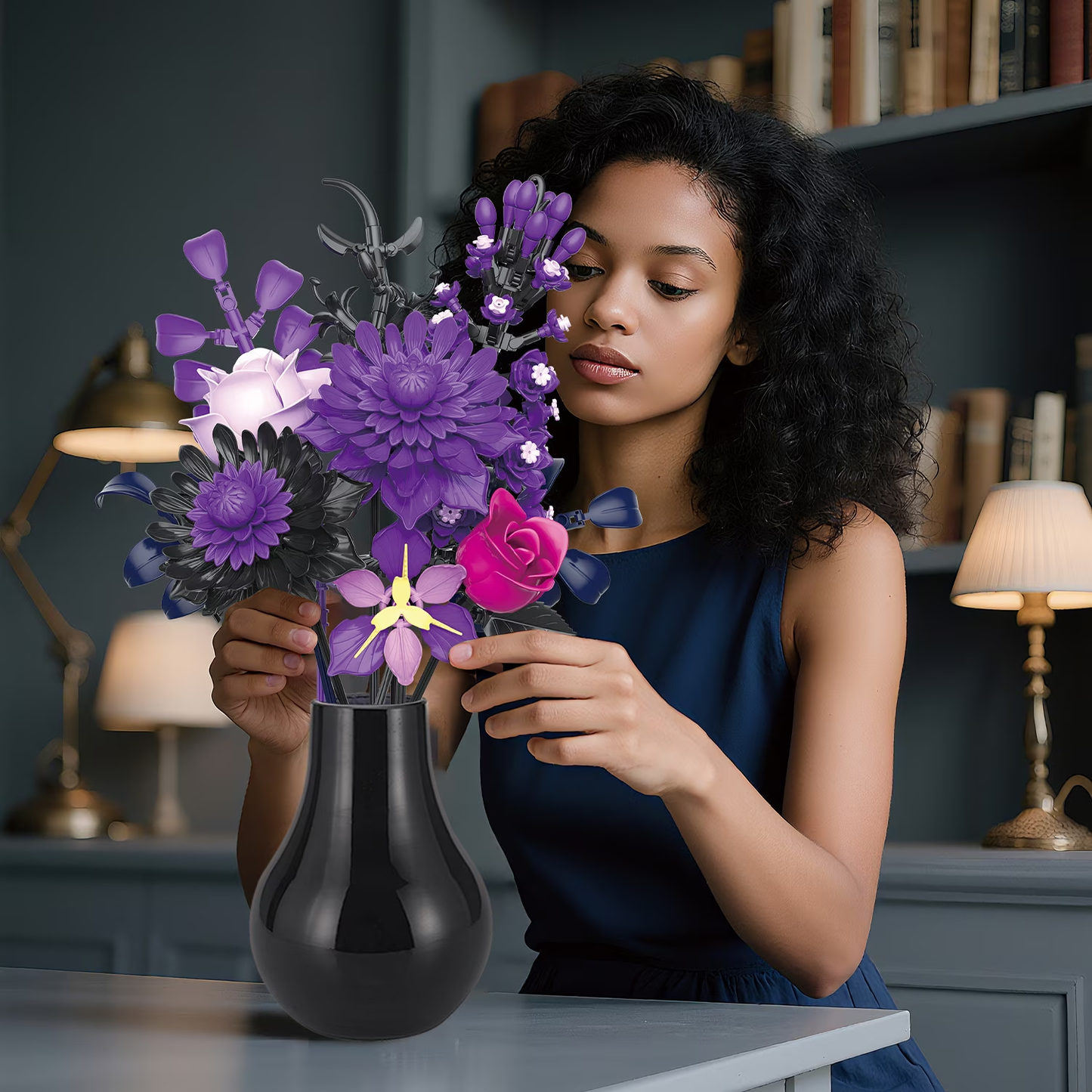 Joycrown Bouquet Building Set,Purple Rose Gerbera Blcok Set for Adults, Creative for Women Girlfriend Mom Wife, Artificial Floral Botanicals Collection Gothic Decor for Home Office(510 PCS)