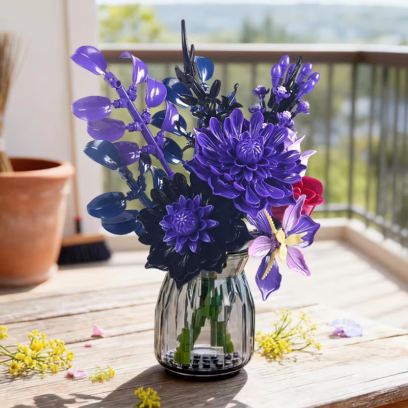 Joycrown Bouquet Building Set,Purple Rose Gerbera Blcok Set for Adults, Creative for Women Girlfriend Mom Wife, Artificial Floral Botanicals Collection Gothic Decor for Home Office(510 PCS)
