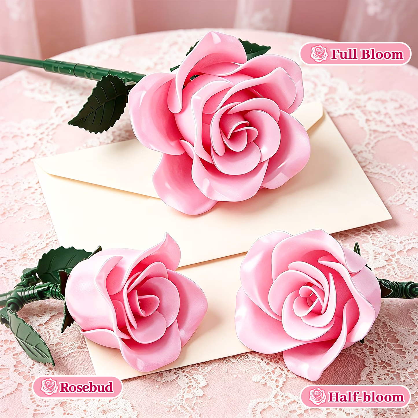 Joycrown Bouquet Building Set, 3 Roses Botanical Building Blocks for Adult Women Girls Home Office Decor,Gift for Valentines Mother's Day,Pink(95pcs+)