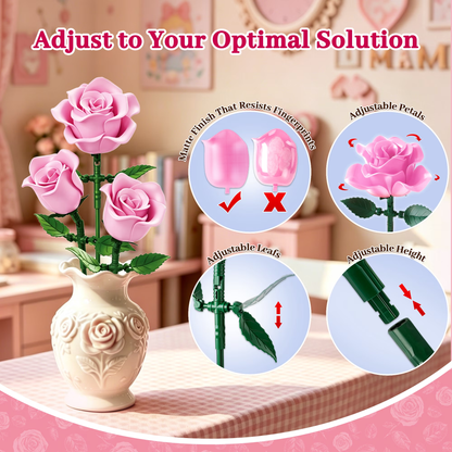 Joycrown Bouquet Building Set, 3 Roses Botanical Building Blocks for Adult Women Girls Home Office Decor,Gift for Valentines Mother's Day,Pink(95pcs+)