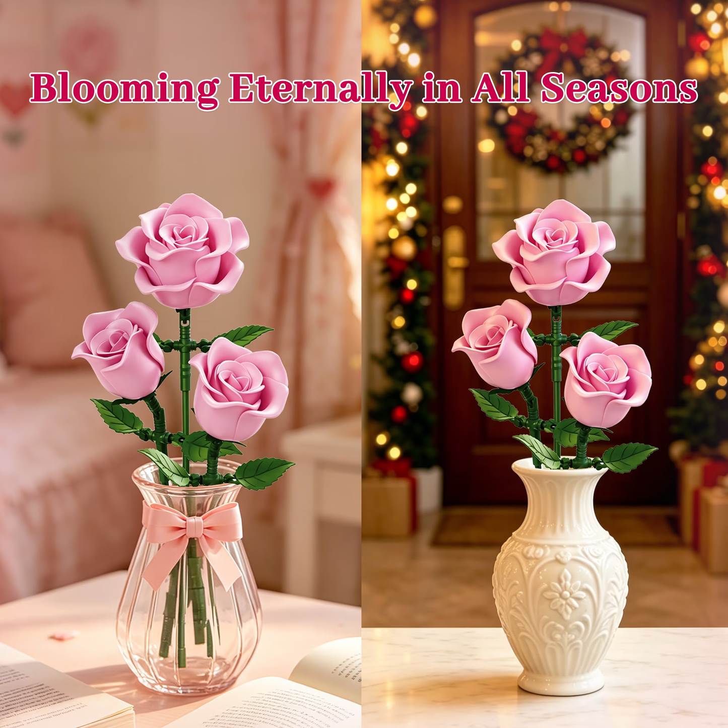 Joycrown Bouquet Building Set, 3 Roses Botanical Building Blocks for Adult Women Girls Home Office Decor,Gift for Valentines Mother's Day,Pink(95pcs+)