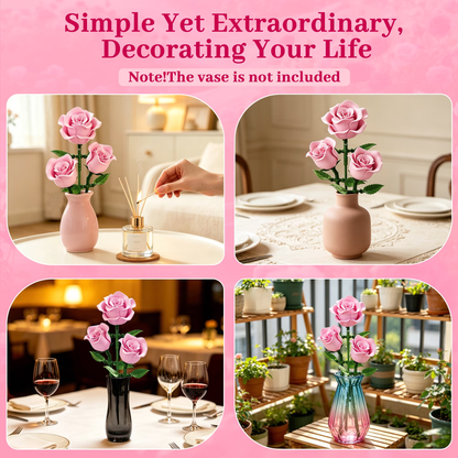 Joycrown Bouquet Building Set, 3 Roses Botanical Building Blocks for Adult Women Girls Home Office Decor,Gift for Valentines Mother's Day,Pink(95pcs+)
