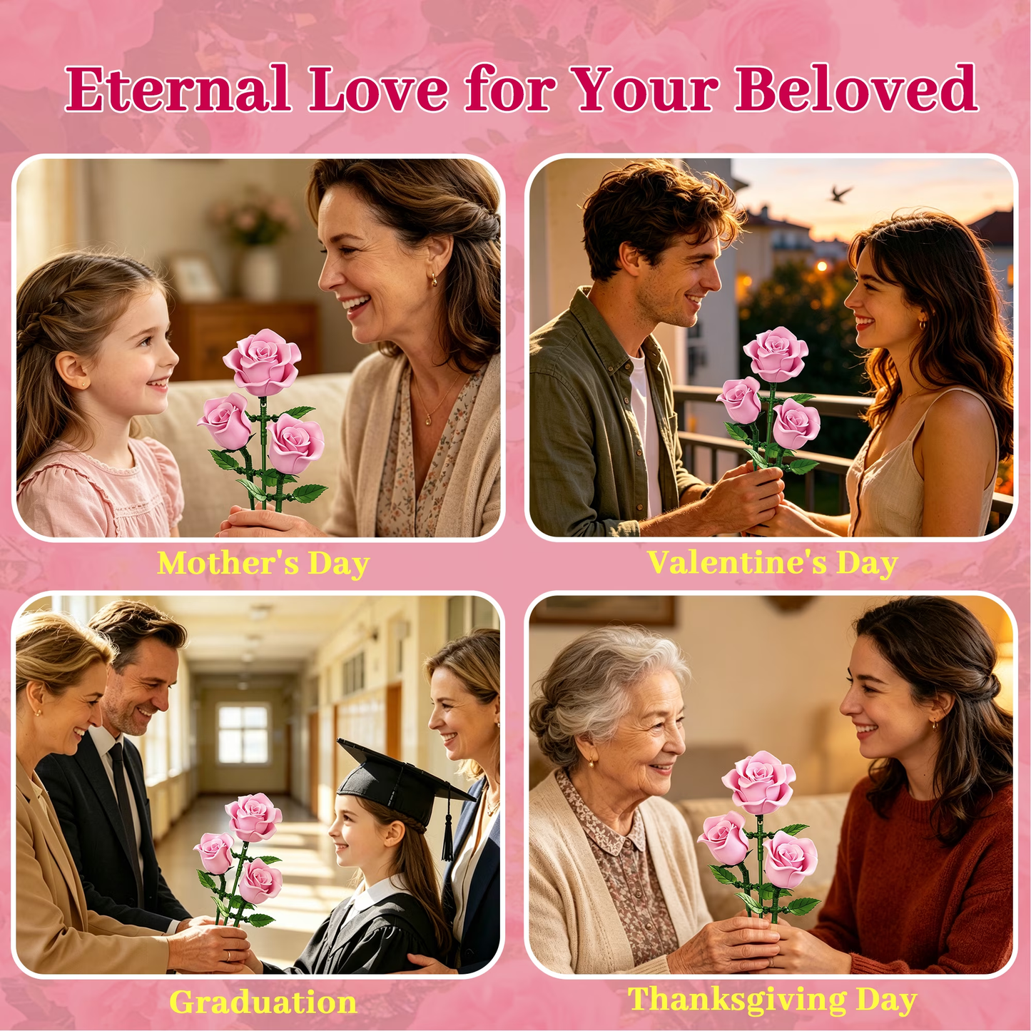 Joycrown Bouquet Building Set, 3 Roses Botanical Building Blocks for Adult Women Girls Home Office Decor,Gift for Valentines Mother's Day,Pink(95pcs+)