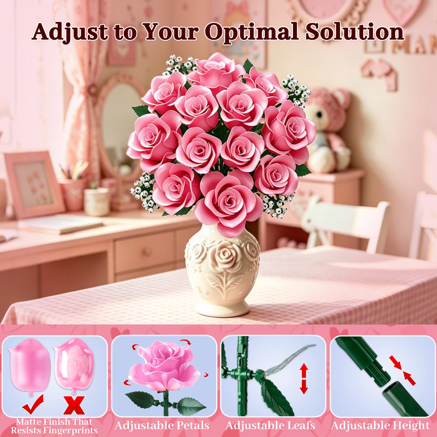 Joycrown Bouquet Building Set, 16 Roses babysbreath Botanical Building Blocks for Adult Women Girls Home Office Decor,Gift for Valentines Mother's Day,Pink(393pcs+)