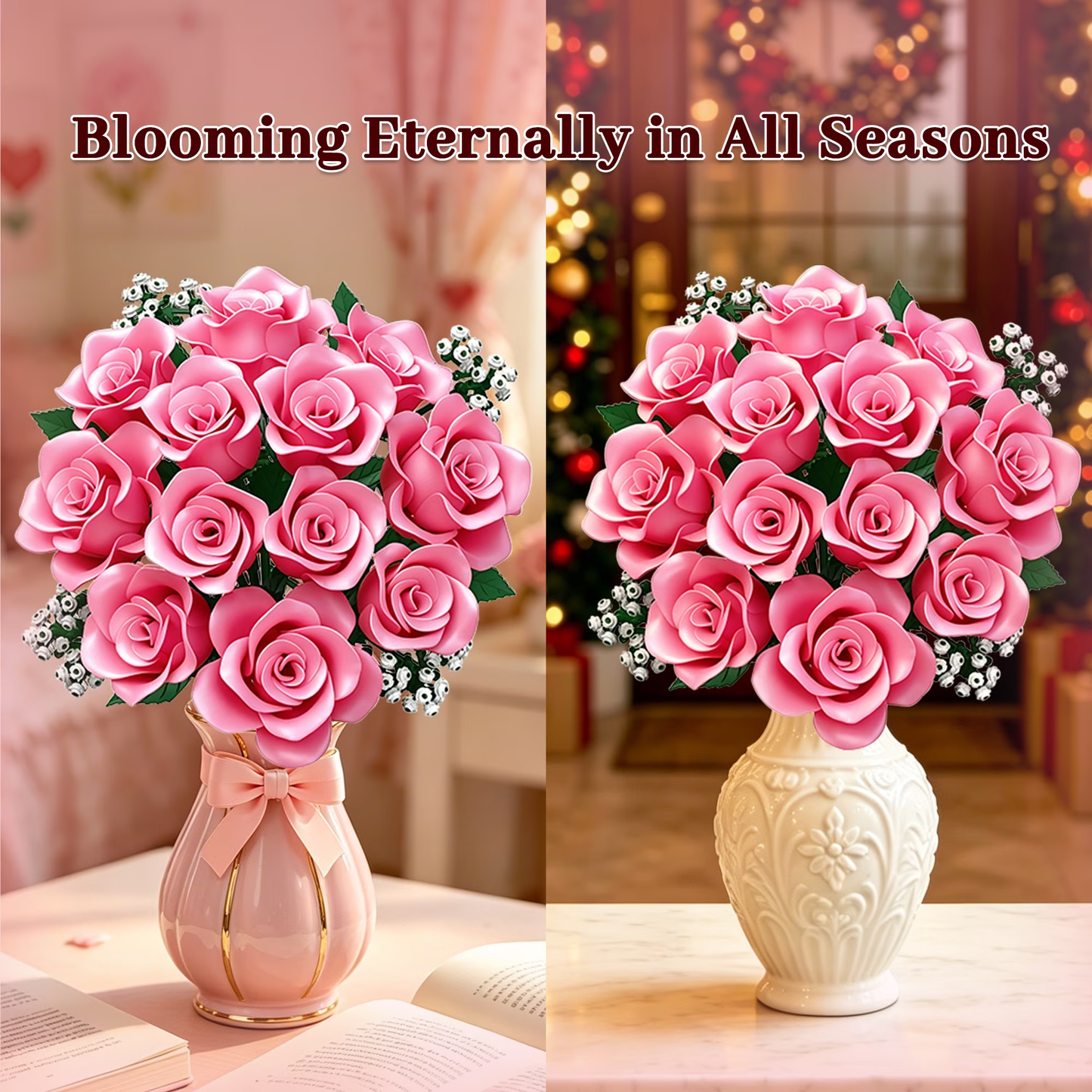 Joycrown Bouquet Building Set, 16 Roses babysbreath Botanical Building Blocks for Adult Women Girls Home Office Decor,Gift for Valentines Mother's Day,Pink(393pcs+)