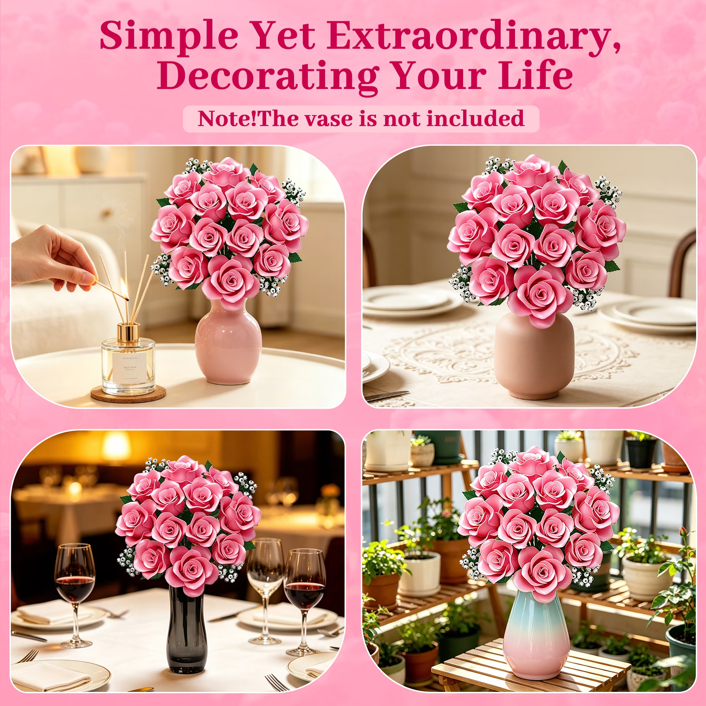 Joycrown Bouquet Building Set, 16 Roses babysbreath Botanical Building Blocks for Adult Women Girls Home Office Decor,Gift for Valentines Mother's Day,Pink(393pcs+)