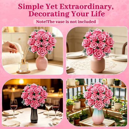 Joycrown Bouquet Building Set, 16 Roses babysbreath Botanical Building Blocks for Adult Women Girls Home Office Decor,Gift for Valentines Mother's Day,Pink(393pcs+)