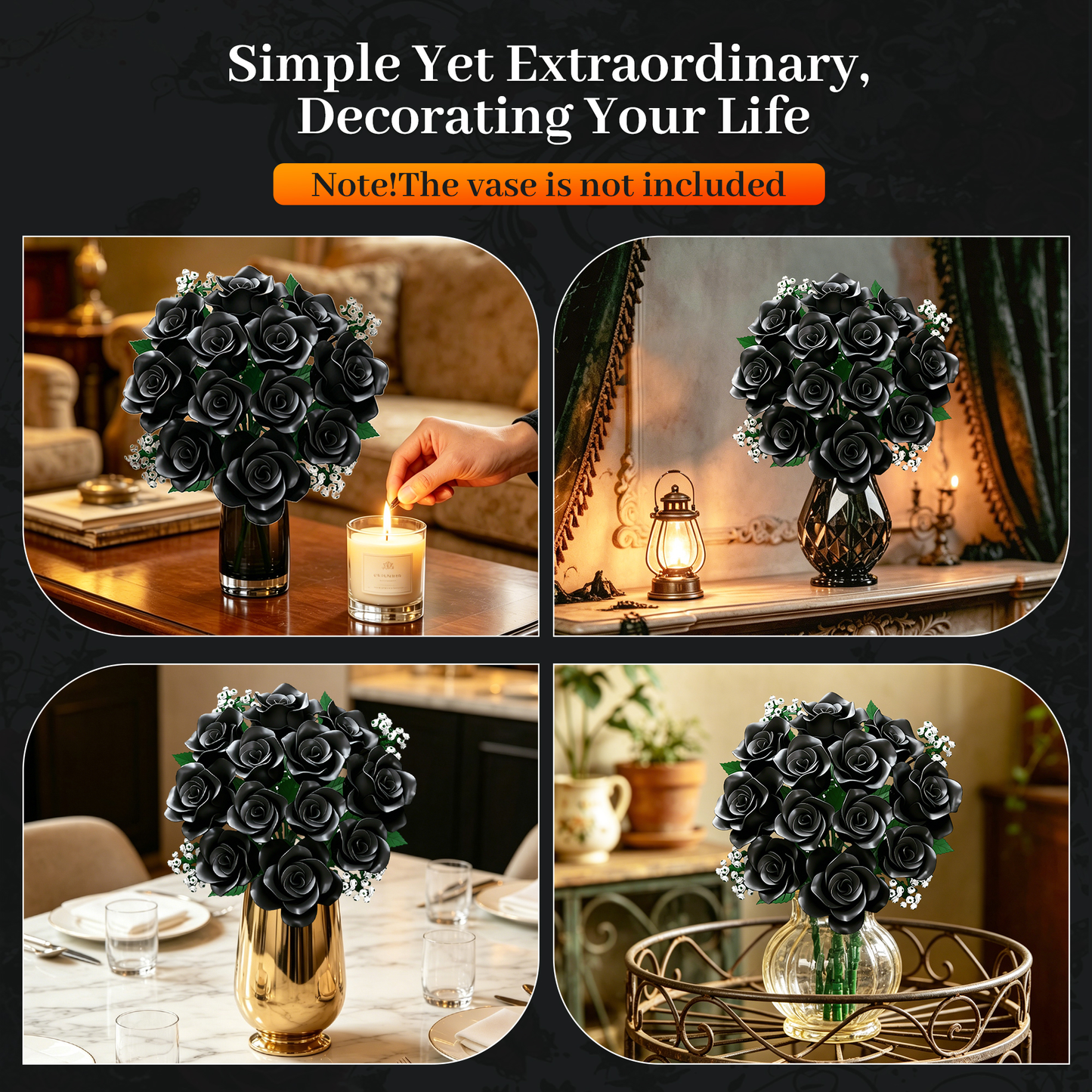 Joycrown Bouquet Building Set, 16 Roses babysbreath Botanical Building Blocks for Adult Women Girls Home Office Decor,Gift for Valentines Mother's Day,Black(393pcs+)