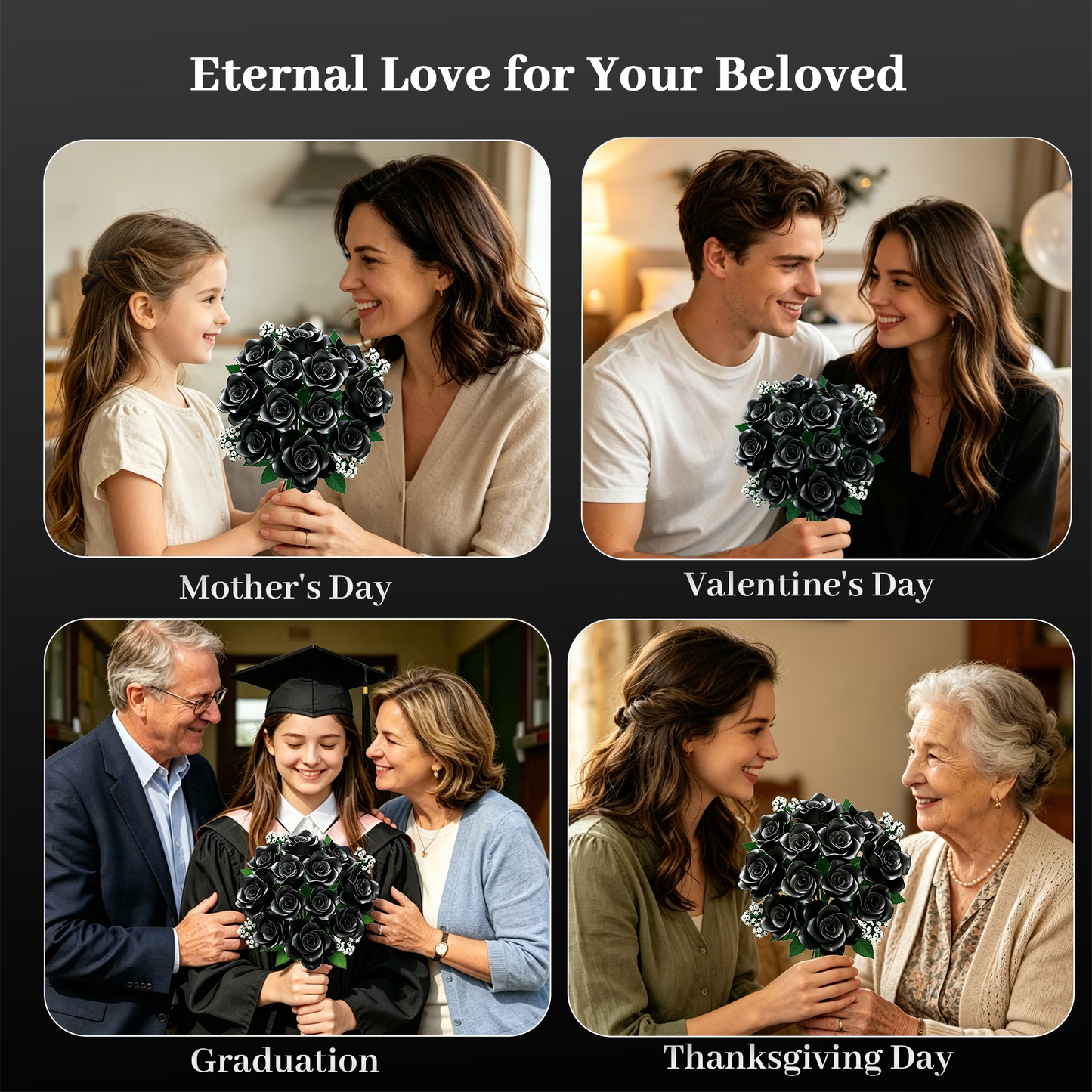 Joycrown Bouquet Building Set, 16 Roses babysbreath Botanical Building Blocks for Adult Women Girls Home Office Decor,Gift for Valentines Mother's Day,Black(393pcs+)