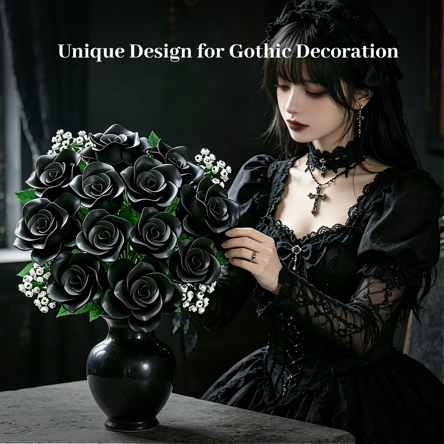 Joycrown Bouquet Building Set, 16 Roses babysbreath Botanical Building Blocks for Adult Women Girls Home Office Decor,Gift for Valentines Mother's Day,Black(393pcs+)