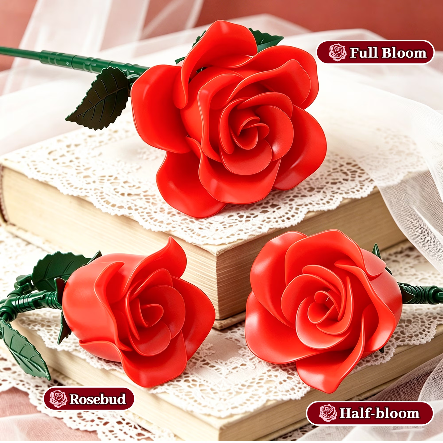 Joycrown Bouquet Building Set, 16 Roses babysbreath Botanical Building Blocks for Adult Women Girls Home Office Decor,Gift for Valentines Mother's Day,Red(393pcs+)