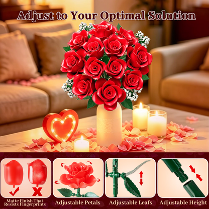 Joycrown Bouquet Building Set, 16 Roses babysbreath Botanical Building Blocks for Adult Women Girls Home Office Decor,Gift for Valentines Mother's Day,Red(393pcs+)