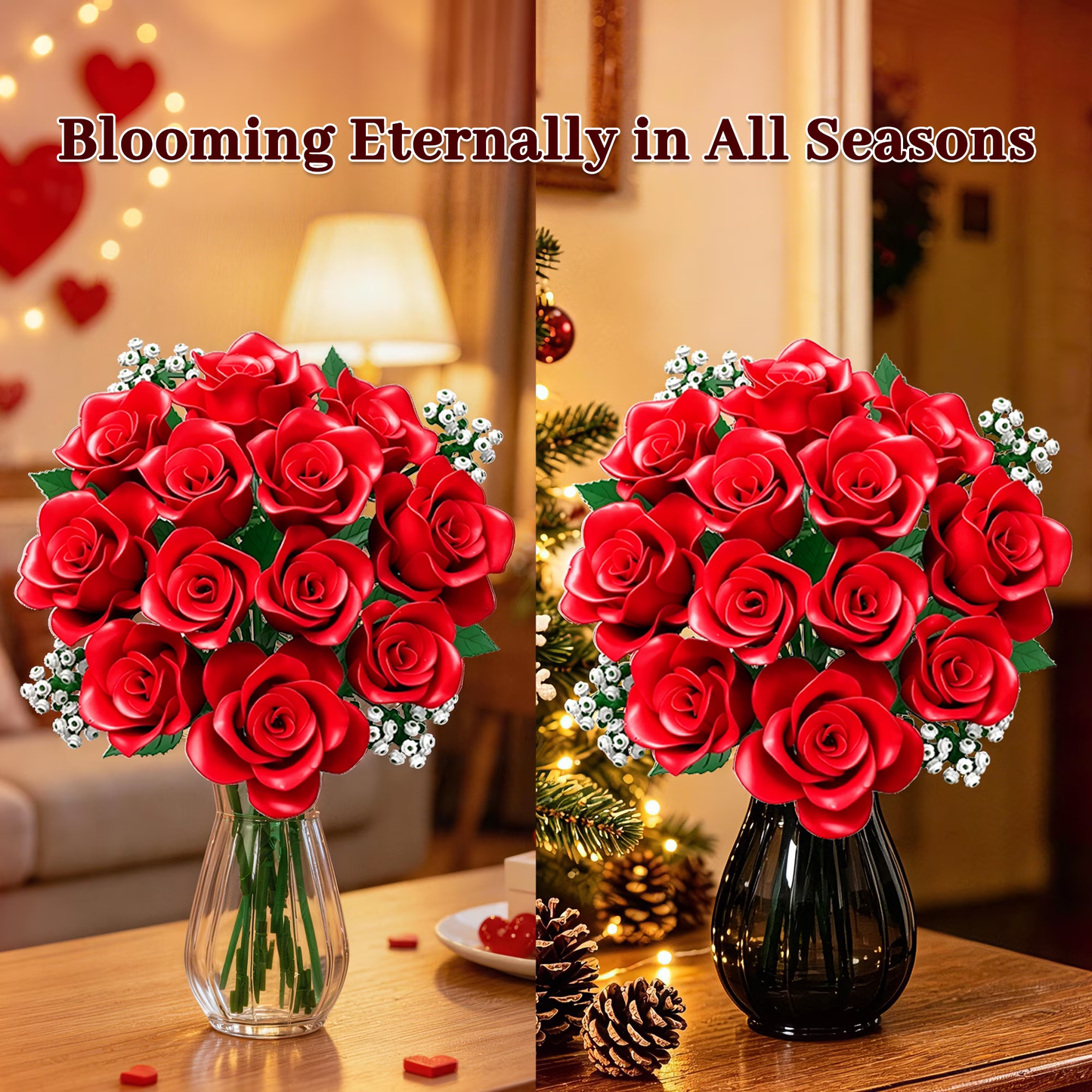 Joycrown Bouquet Building Set, 16 Roses babysbreath Botanical Building Blocks for Adult Women Girls Home Office Decor,Gift for Valentines Mother's Day,Red(393pcs+)