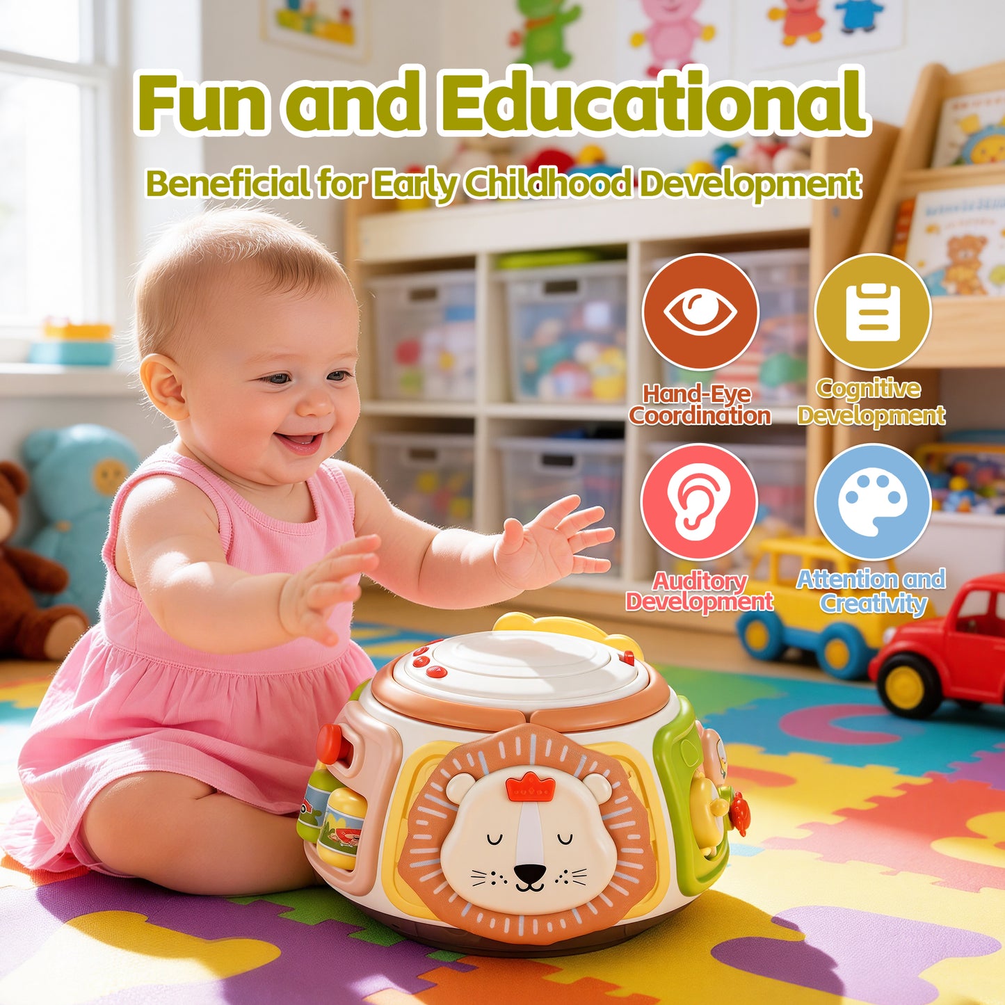 Joycrown 7-in-1 Baby Activity Cube Drum with Music & Light , Montessori Learning Toys with 9 Sensory Shape Sorter,Christmas Birthday Shower Gifts for Toddler Kids Boys Girls Age 18 Months+