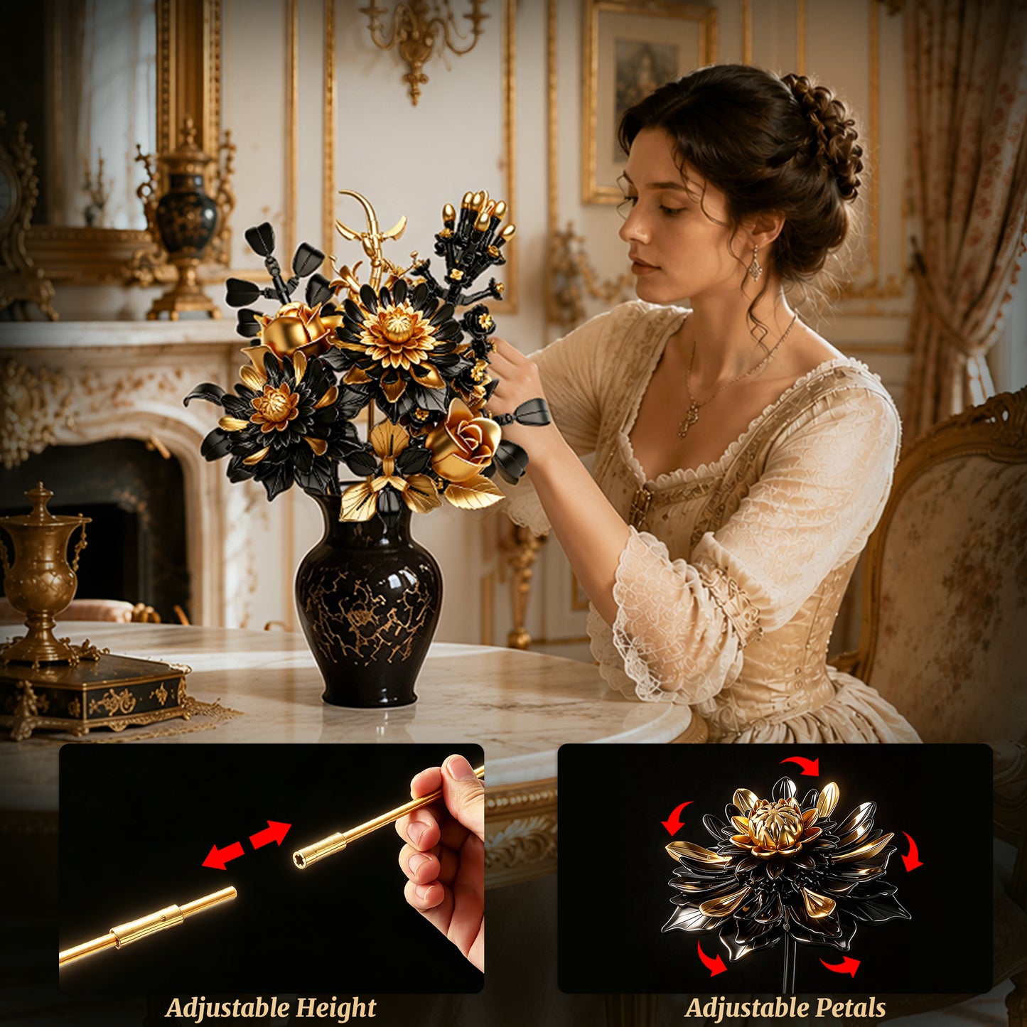 Joycrown Bouquet Building Set, Black Gold Rose Gerbera Block Set for Adults, Luxury Floral Botanical Collection, Elegant Decor for Home & Office, Creative Gift for Women, Girlfriend, Mom, Wife (510 PCS)