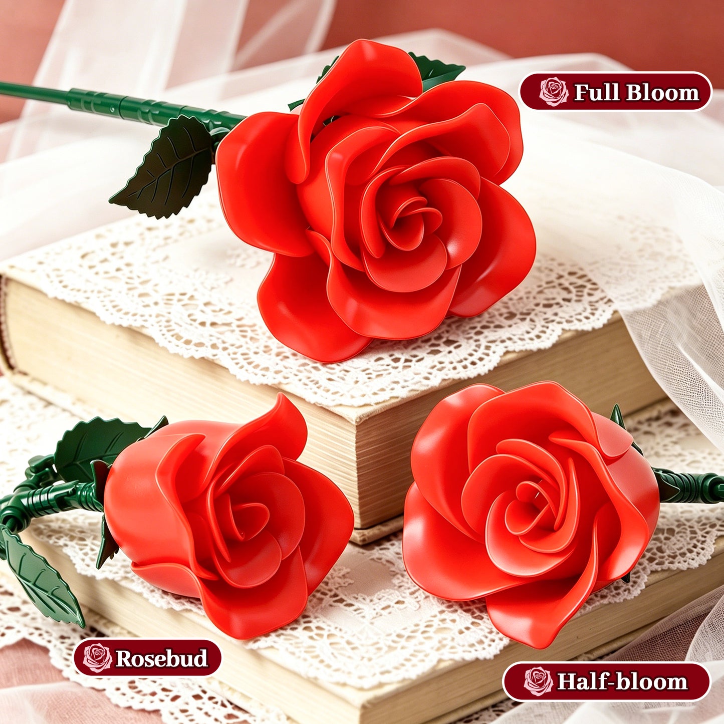 Joycrown Bouquet Building Set, 3 Roses Botanical Building Blocks for Adult Women Girls Home Office Decor,Gift for Valentines Mother's Day,Pink(95pcs+)