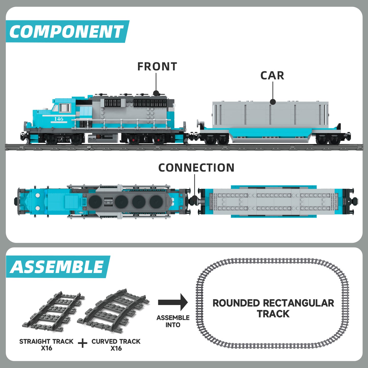 Joycrown Train Building Block Set, Freight Cargo Train, with Rechargeable Motorized Working Head, 2 Coaches and 32 Tracks, Gift for Boys&Girls Teens Age12-16 (1065 Pieces)