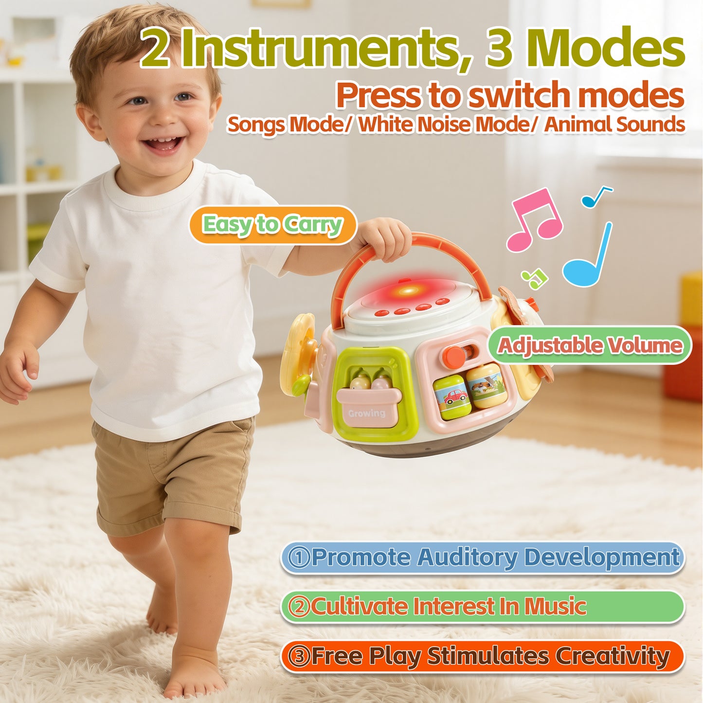 Joycrown 7-in-1 Baby Activity Cube Drum with Music & Light , Montessori Learning Toys with 9 Sensory Shape Sorter,Christmas Birthday Shower Gifts for Toddler Kids Boys Girls Age 18 Months+
