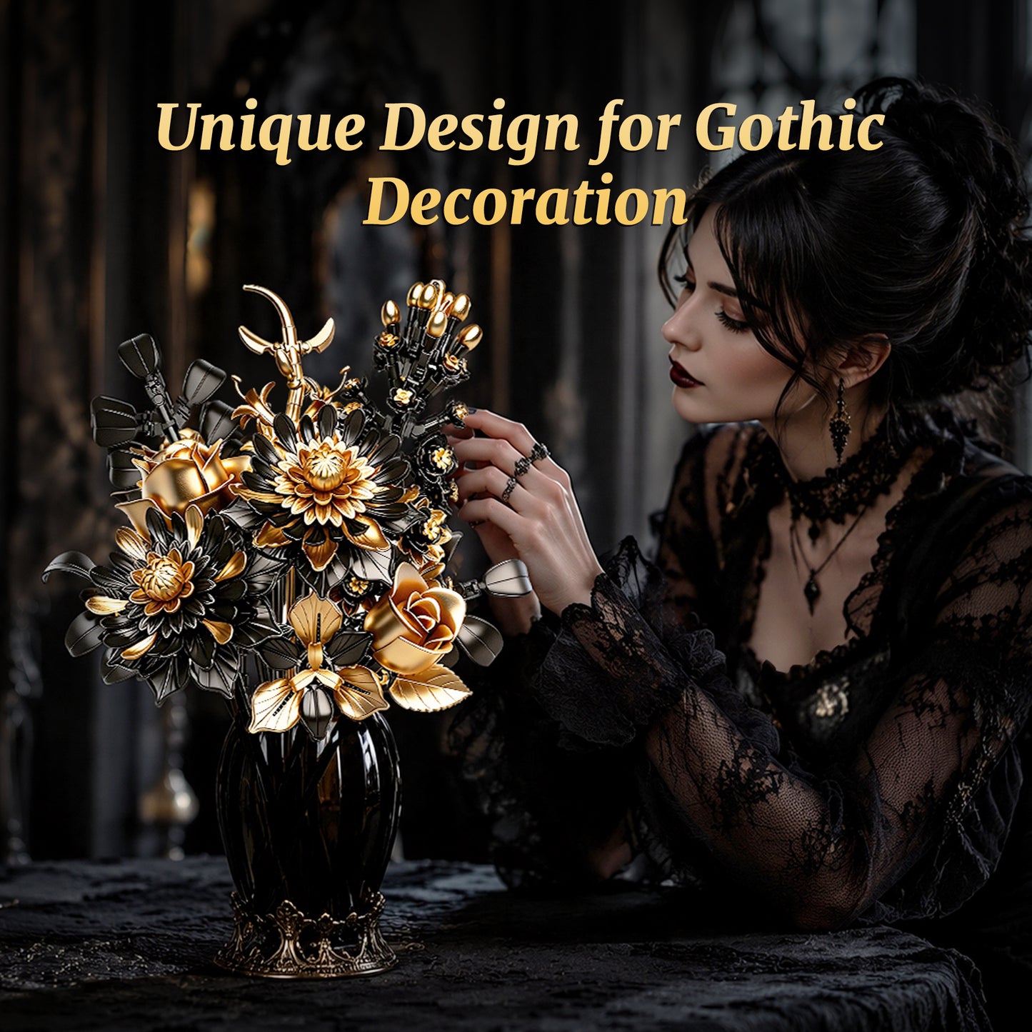 Joycrown Bouquet Building Set, Black Gold Rose Gerbera Block Set for Adults, Luxury Floral Botanical Collection, Elegant Decor for Home & Office, Creative Gift for Women, Girlfriend, Mom, Wife (510 PCS)