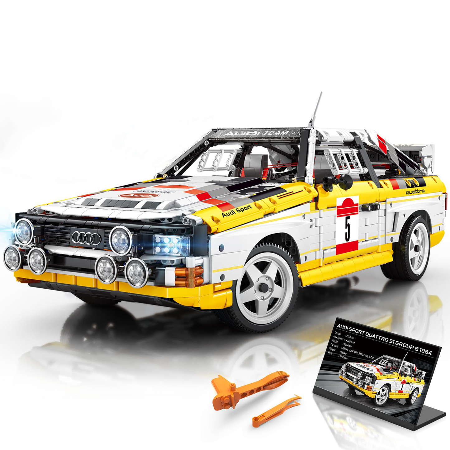 Audi Sport Quattro S1 Model Car Building Kit, 1:8 Scale Audi Officially Licensed, Adult Collectible Decoration, the Perfect Gift for Racing Fans Age 14+,  Yellow,  No Box (3887+pcs)