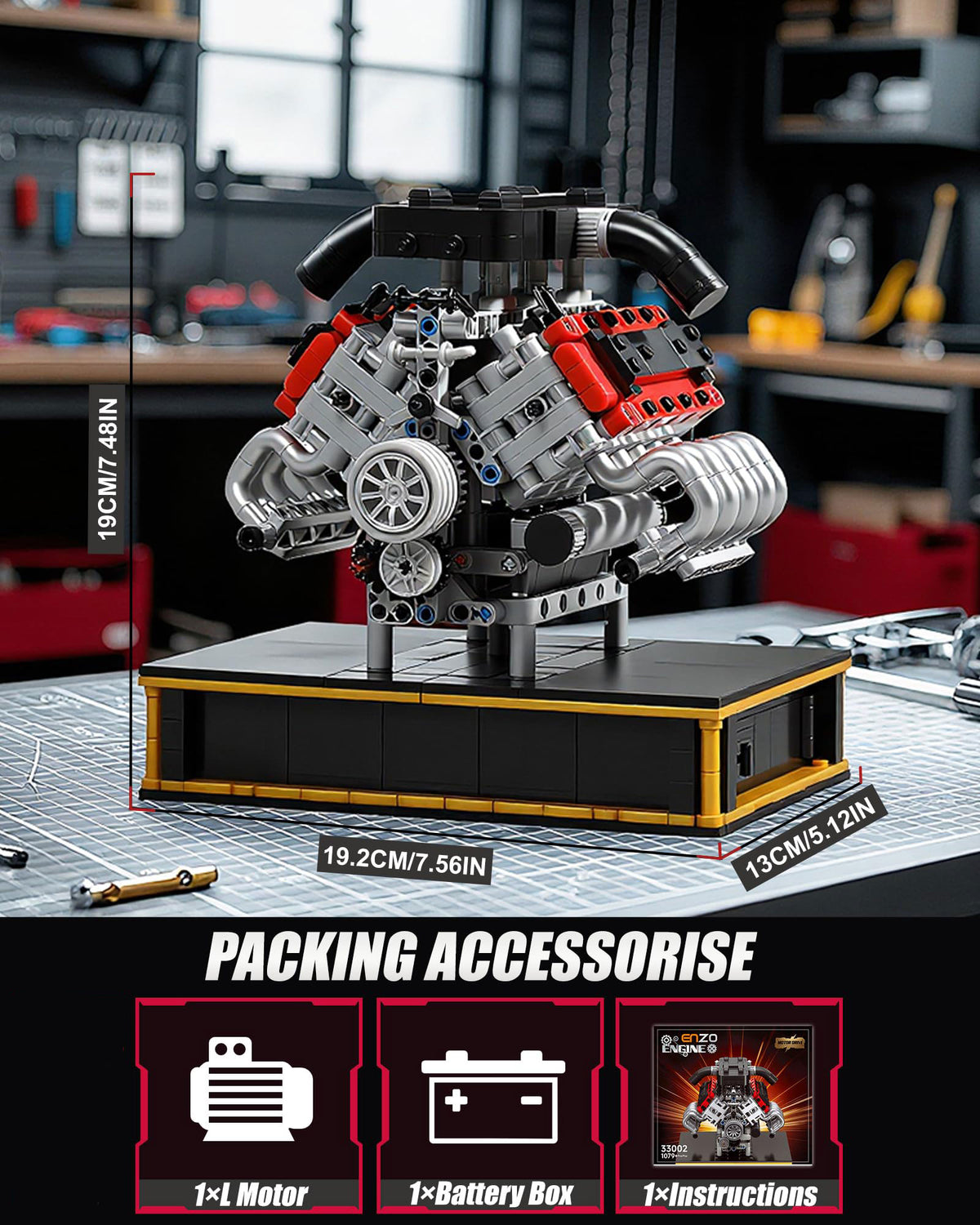 V8 Engine Building Set, Build Your Own Mini V8 Model Engine Kit That Run with Battery and Motor, 8-Cylinder Car Model Engine Toys Construction Blocks for Adults Kids Age 14+, No Box (1079PCS)