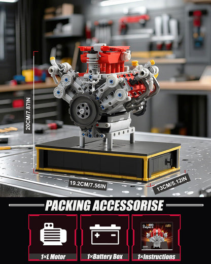 Mini V8 Engine Kits That Runs, Build Your Own V8 Engine Building Set with Motor and Battery, STEM Physical Science Educational Toy Construction Blocks for Adults Kids Age 14+,No Box (1123PCS)