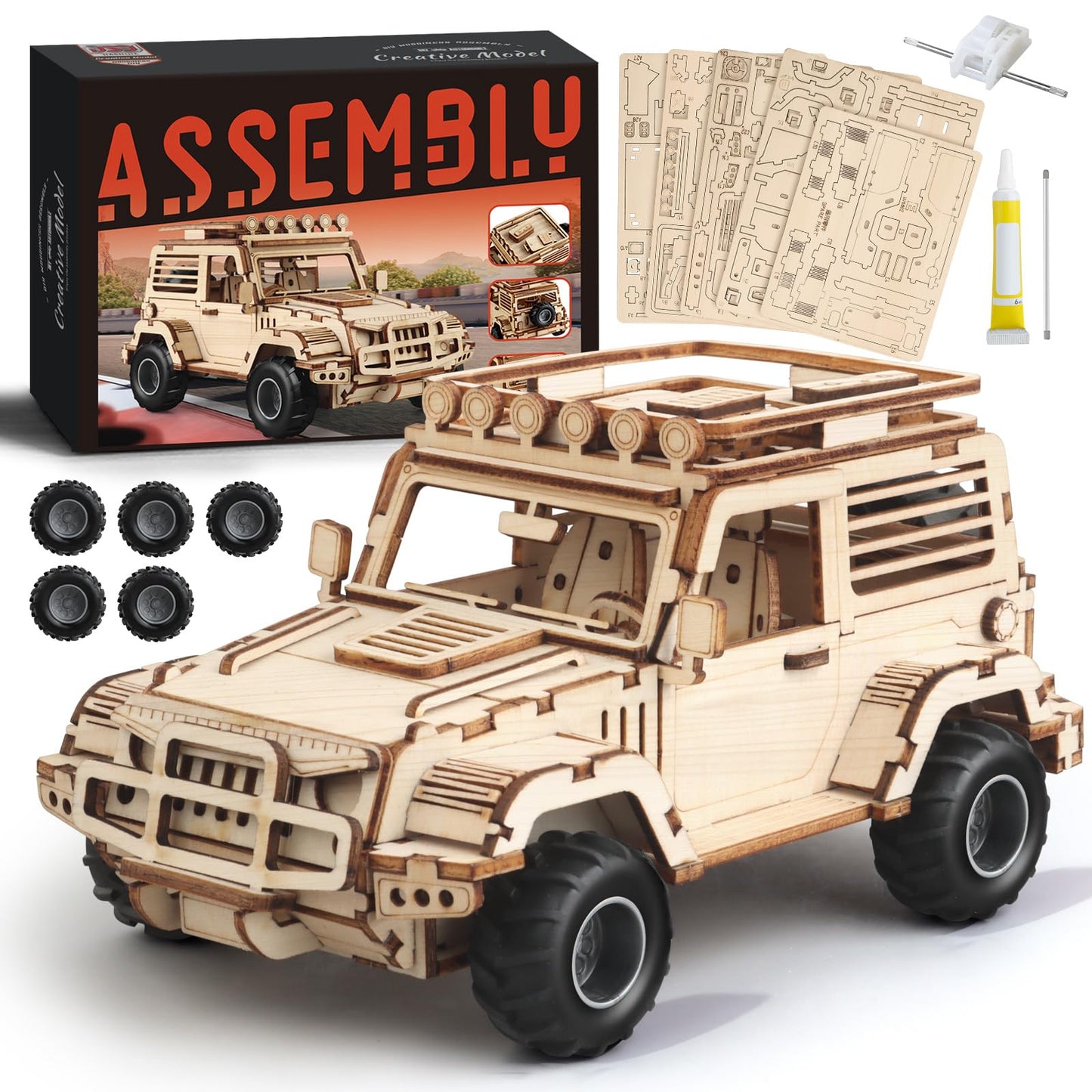 3D Wooden Puzzle Off-Road Car for Adults, Brain Teaser 3D Puzzles for Kids and Adults to Build, 125pcs Wood Craft Pull Back Truck Cars, Christmas Birthday Gift for Teens Men Women