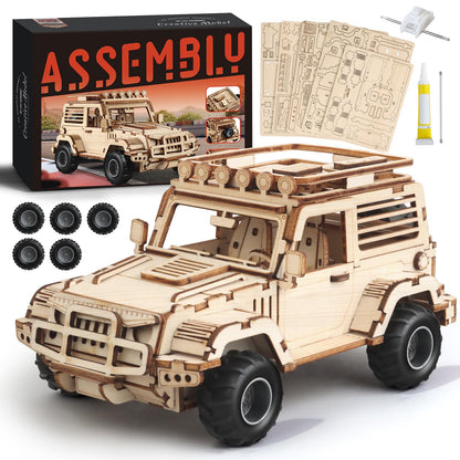 3D Wooden Puzzle Off-Road Car for Adults, Brain Teaser 3D Puzzles for Kids and Adults to Build, 125pcs Wood Craft Pull Back Truck Cars, Christmas Birthday Gift for Teens Men Women