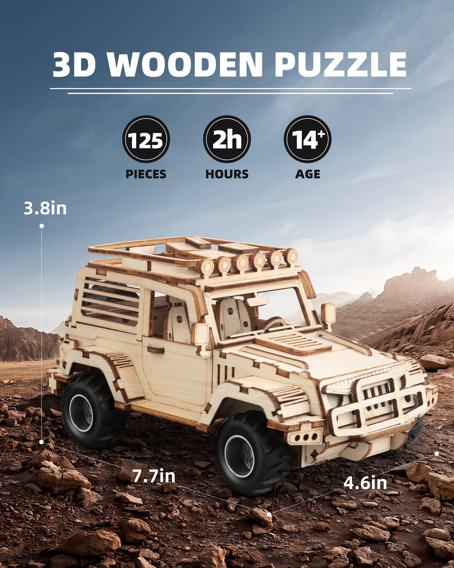 3D Wooden Puzzle Off-Road Car for Adults, Brain Teaser 3D Puzzles for Kids and Adults to Build, 125pcs Wood Craft Pull Back Truck Cars, Christmas Birthday Gift for Teens Men Women