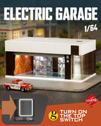 1/64 Scale Diecast Display Case for Hot Wheel Storage with LED Lights, Stackable Electric Garage with Voice Control, 3 Replaceable 3D Scenes Parking Lot Diorama for Model Cars