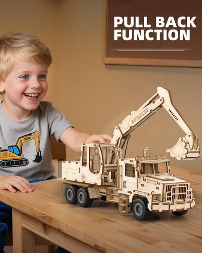 3D Wooden Puzzle for Adults, Excavator Wooden Mechanical Model Car Kits to Build, Brain Teaser Pull Back Truck Toys Birthday for Men Women (Excavator)