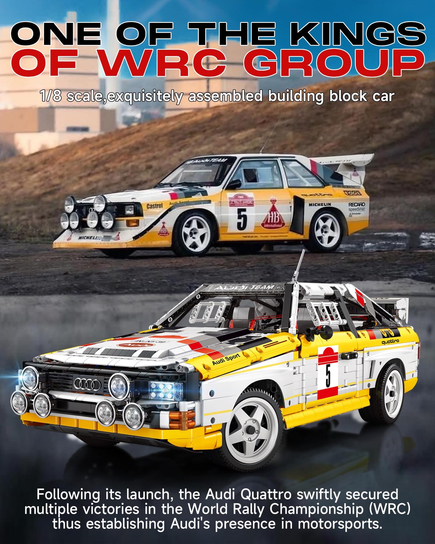 Audi Sport Quattro S1 Model Car Building Kit, 1:8 Scale Audi Officially Licensed, Adult Collectible Decoration, the Perfect Gift for Racing Fans Age 14+,  Yellow,  No Box (3887+pcs)