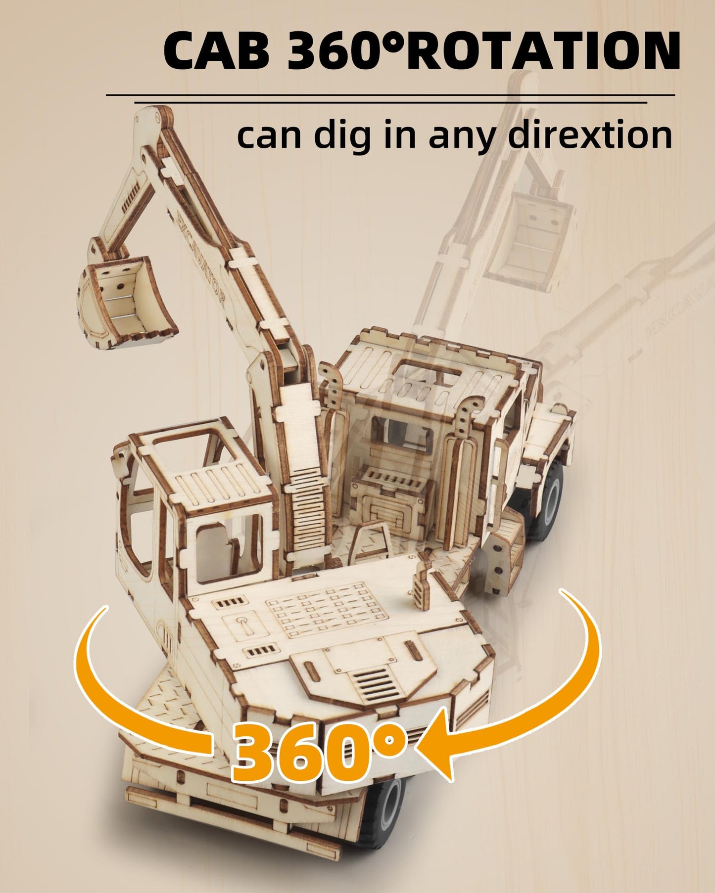 3D Wooden Puzzle for Adults, Excavator Wooden Mechanical Model Car Kits to Build, Brain Teaser Pull Back Truck Toys Birthday for Men Women (Excavator)