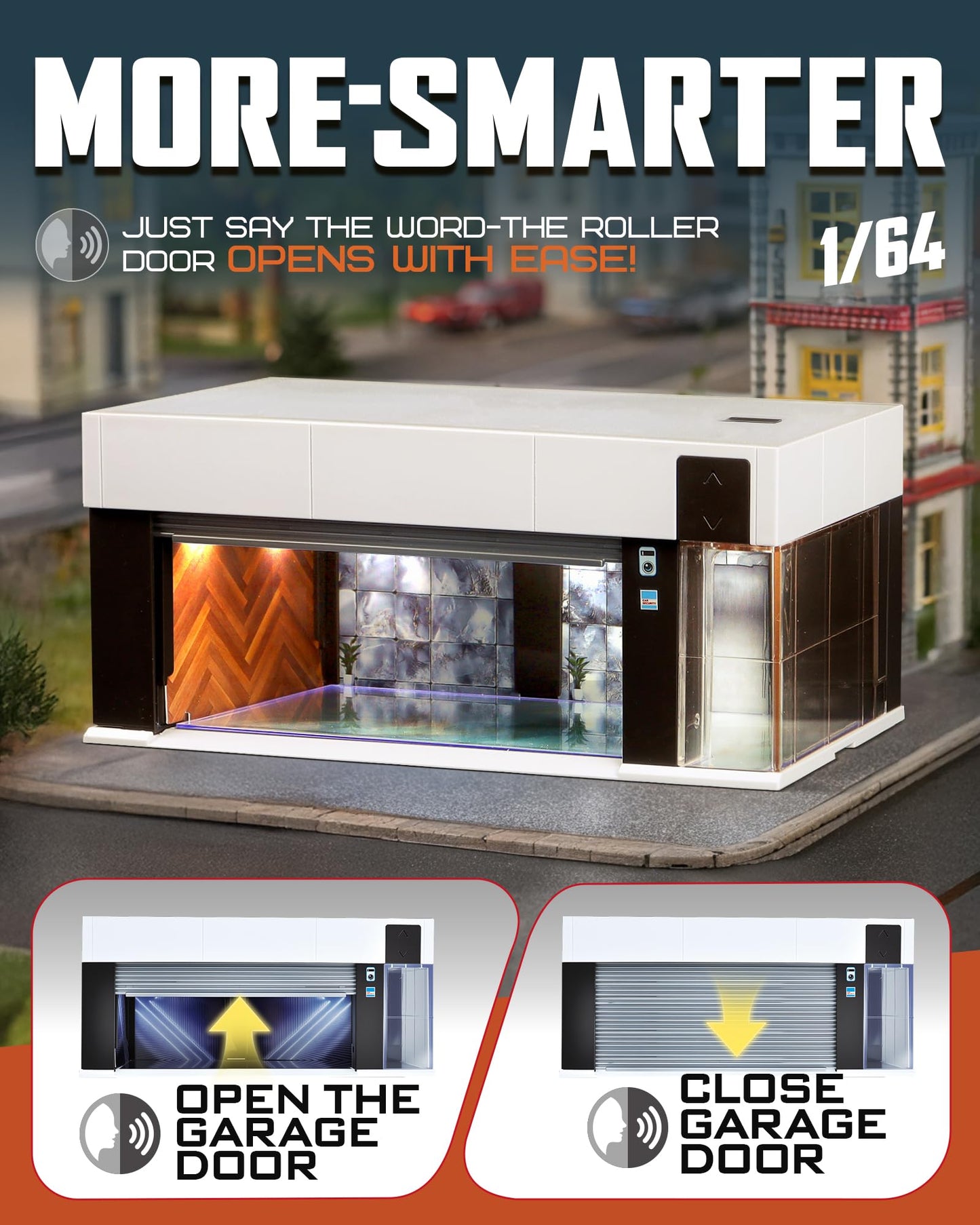 Joycrown 1/64 Scale Diecast Display Case for Hot Wheel Storage with LED Lights, Stackable Electric Garage with Voice Control, 3 Replaceable 3D Scenes Parking Lot Diorama for Model Cars